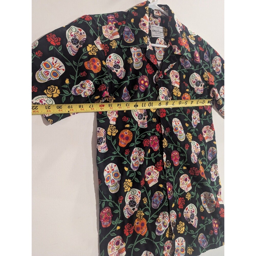 David Carey Day of the Dead Sugar Skulls Floral Camp Button Down Shirt XS - Picture 8 of 11